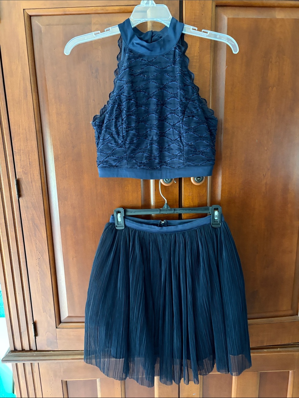 Trixxi Navy Textured Halter Crop Top with Pleated Skater Skirt